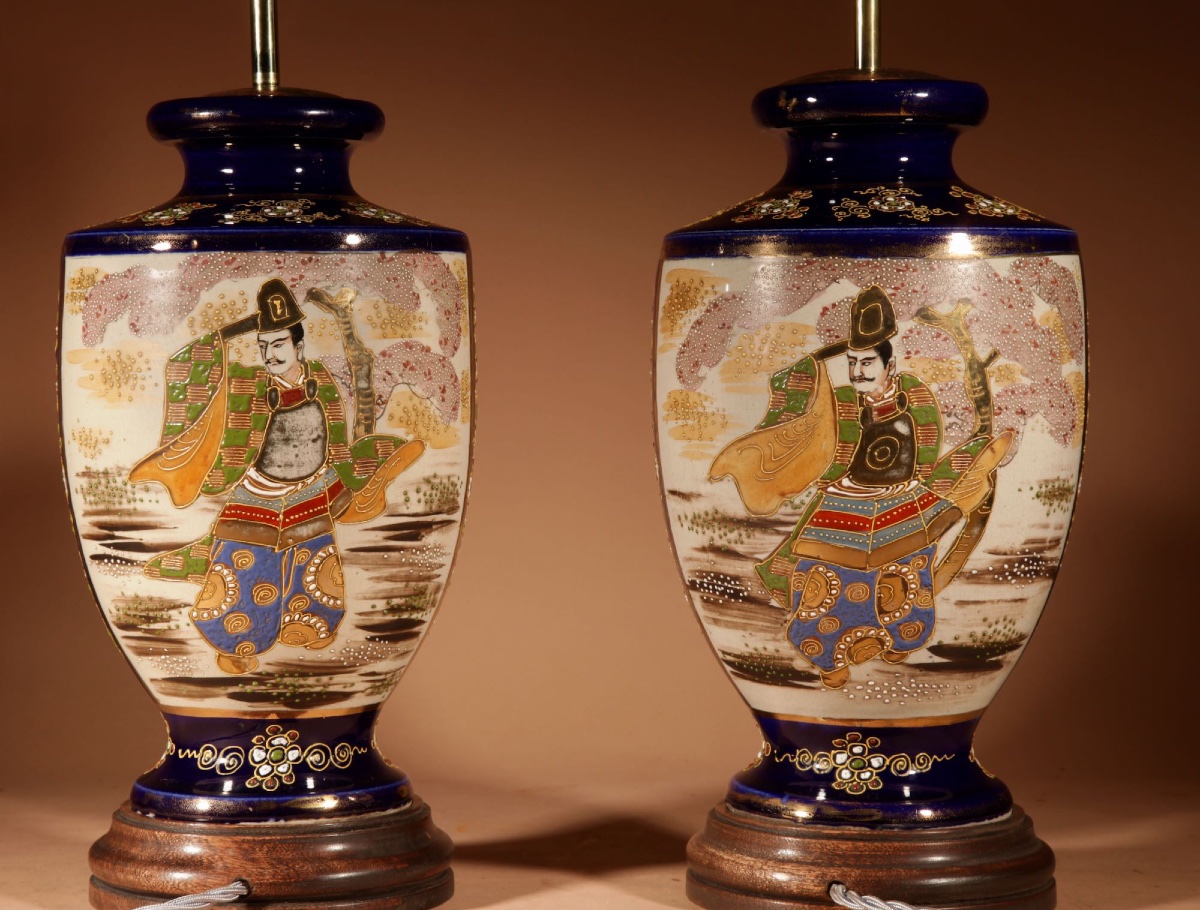  Large Very Decorative Pair Of Japanese Satsuma Table Lamps.-photo-1