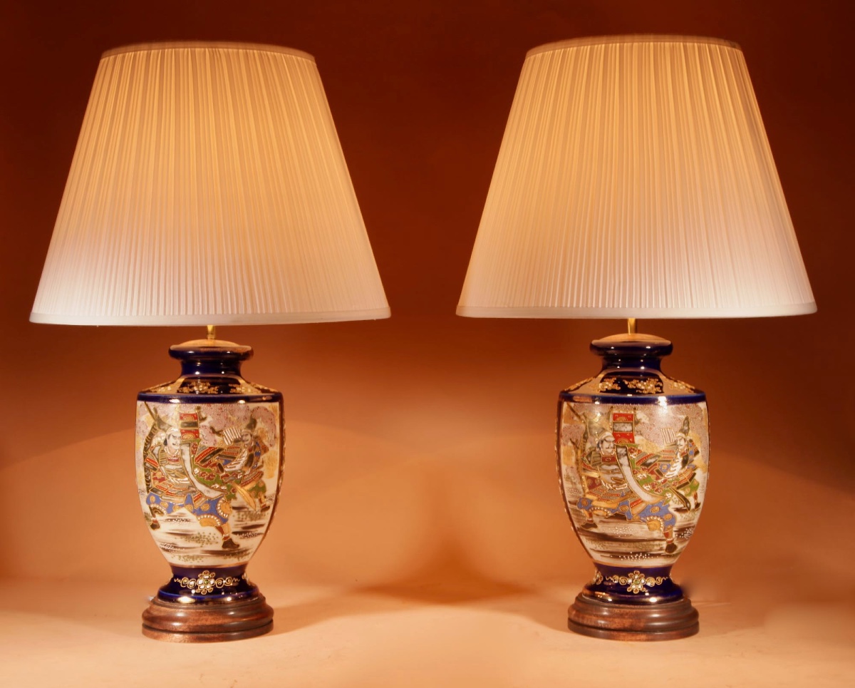  Large Very Decorative Pair Of Japanese Satsuma Table Lamps.