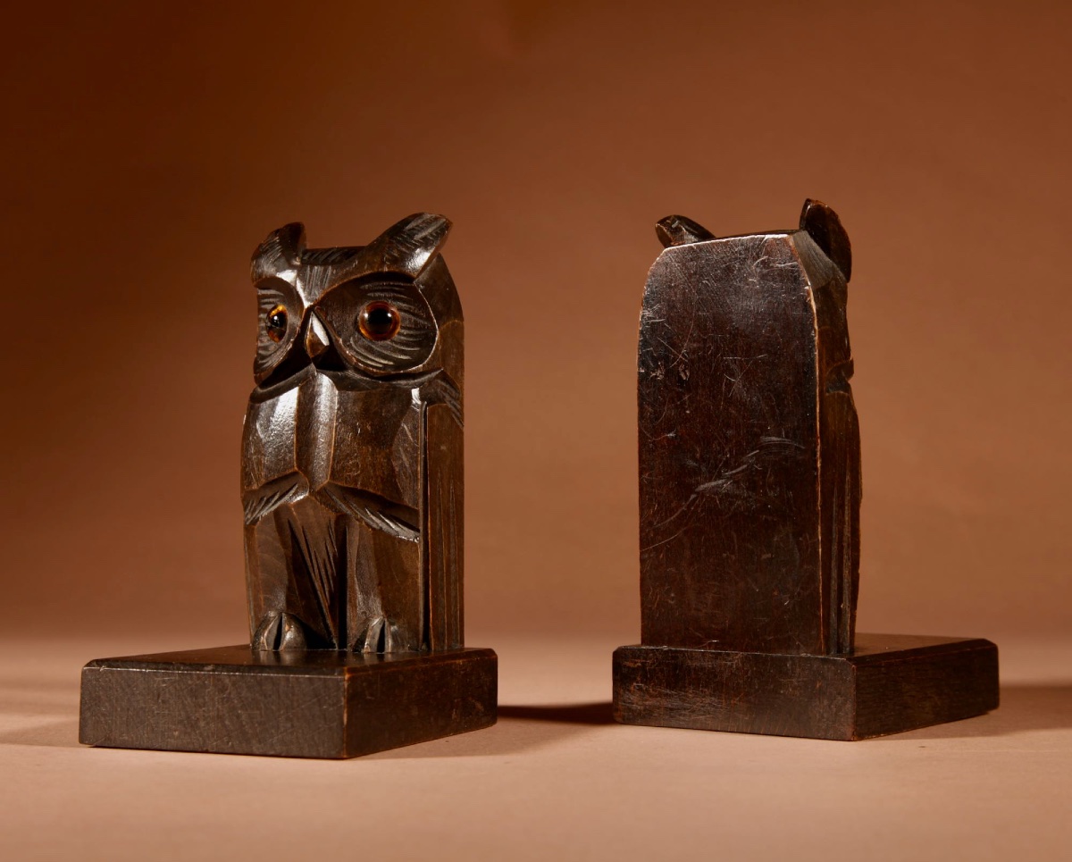   Black Forest Small Amusing Pair Of Owl Carved Bookends/ Letter Stand Circa 1900-20.-photo-4