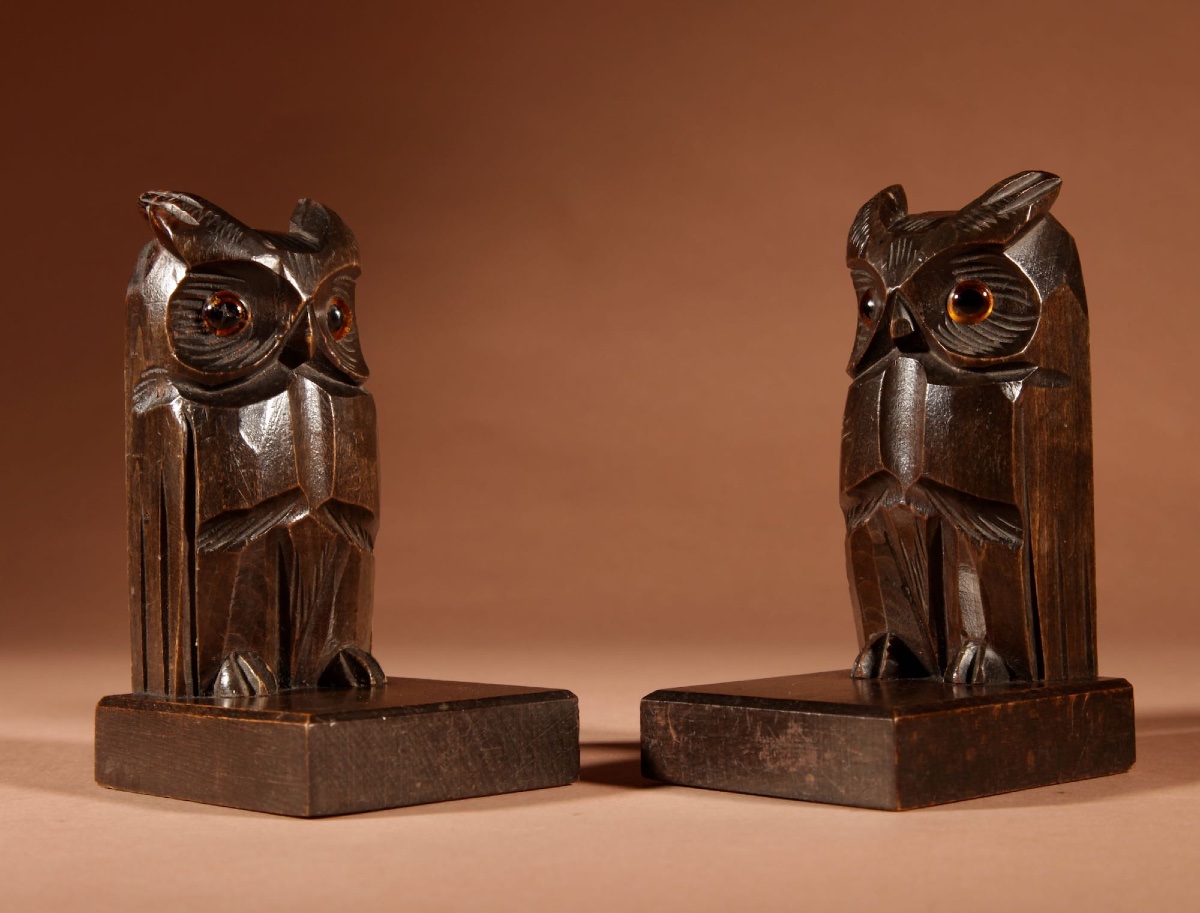   Black Forest Small Amusing Pair Of Owl Carved Bookends/ Letter Stand Circa 1900-20.-photo-5