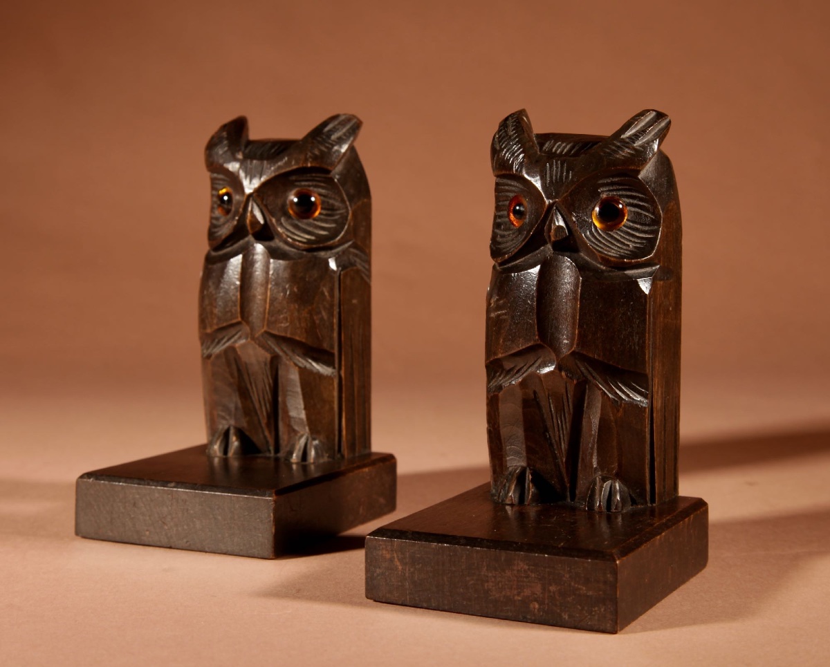   Black Forest Small Amusing Pair Of Owl Carved Bookends/ Letter Stand Circa 1900-20.-photo-6