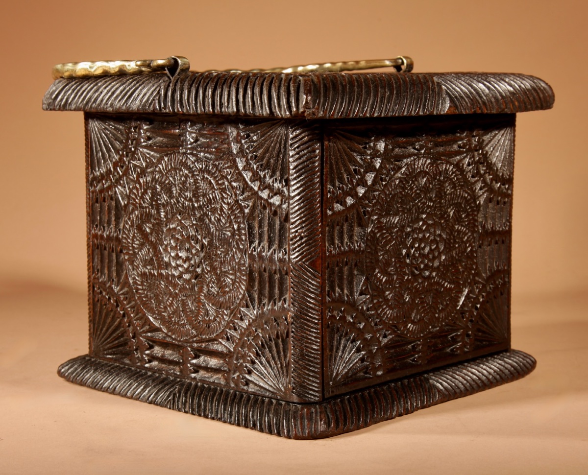 Interesting Finally Oak Chip Carved Foot Stove, Possibly Frisian.