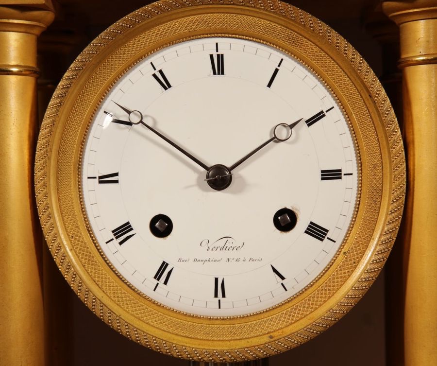 Interesting French Charles X Very Fine Original Gilded Portico Clock Circa 1830.-photo-4