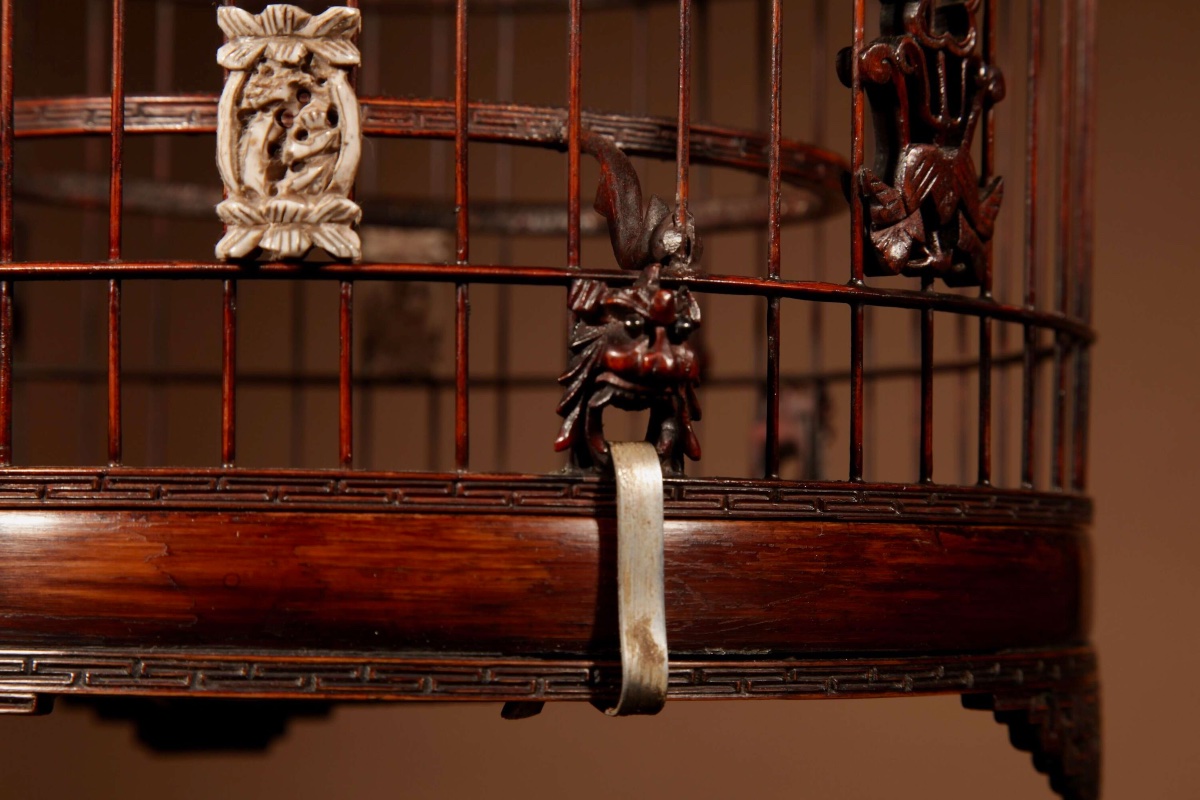 Fine Made And Carved Chinese Bamboo Bird Cage.-photo-1