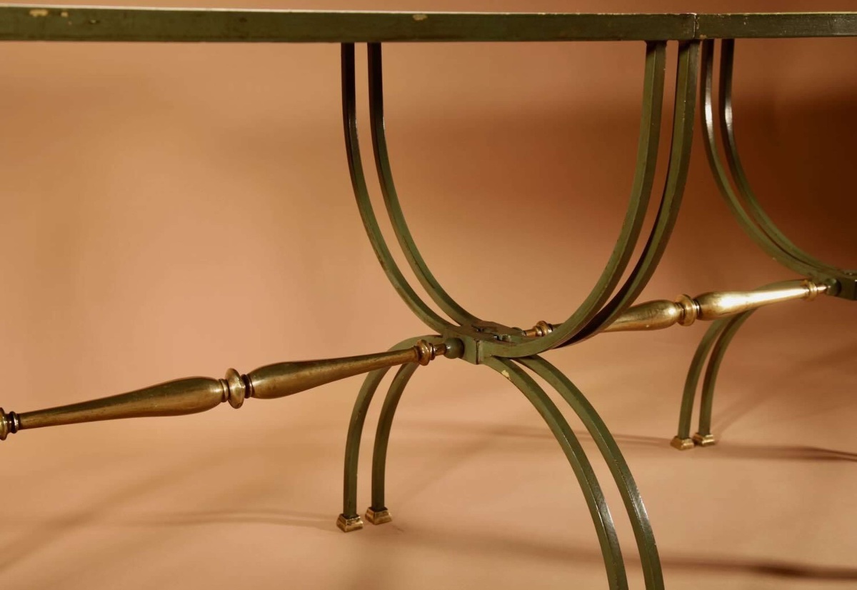 Four Parts Art Deco Wrought Iron, Brass And Original Glass French Coffee Table.-photo-3