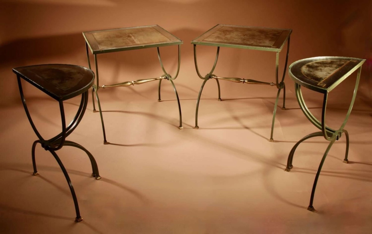 Four Parts Art Deco Wrought Iron, Brass And Original Glass French Coffee Table.