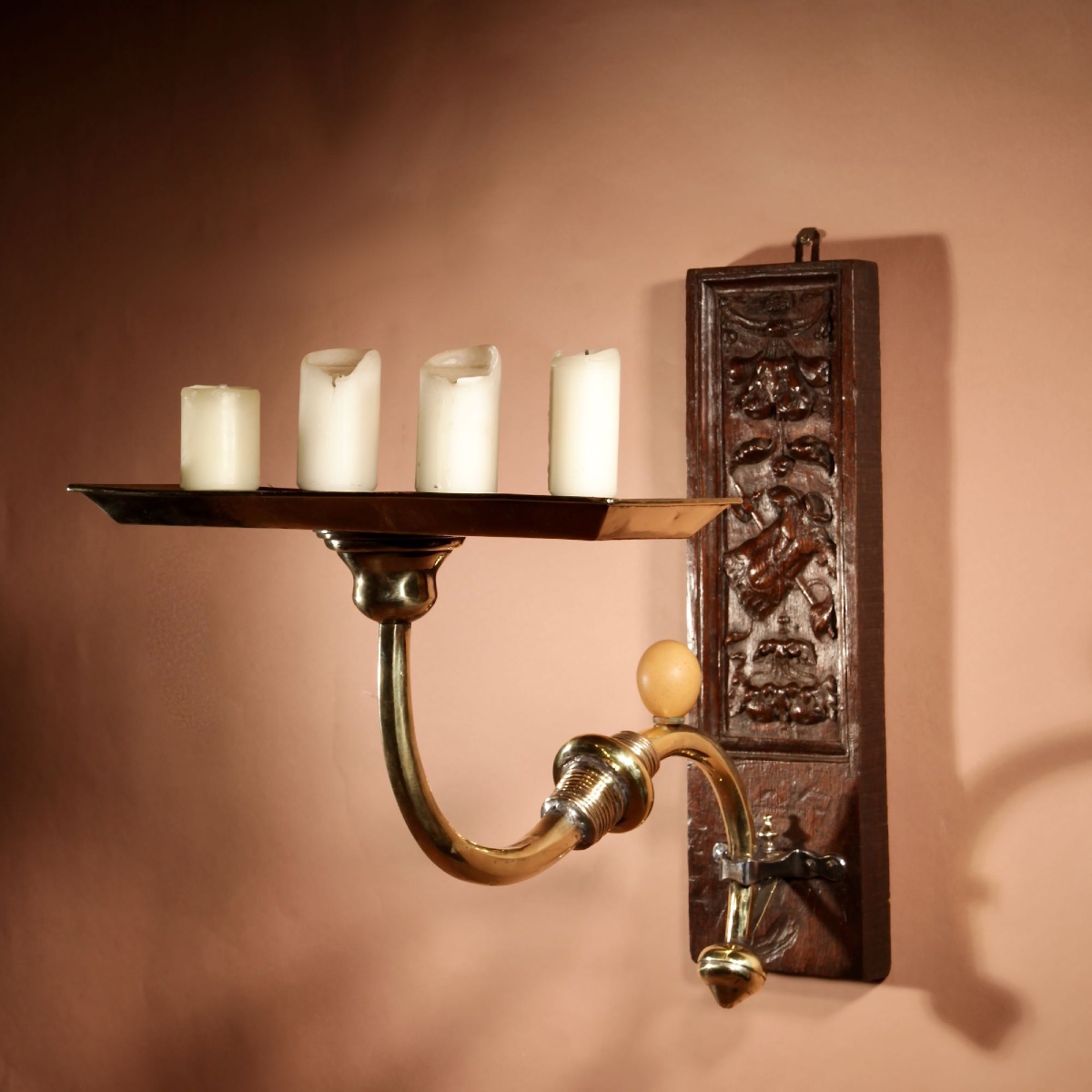  A Rare Impressive, Brass And Oak Wall Hanging Pricket Candle Holder.-photo-2