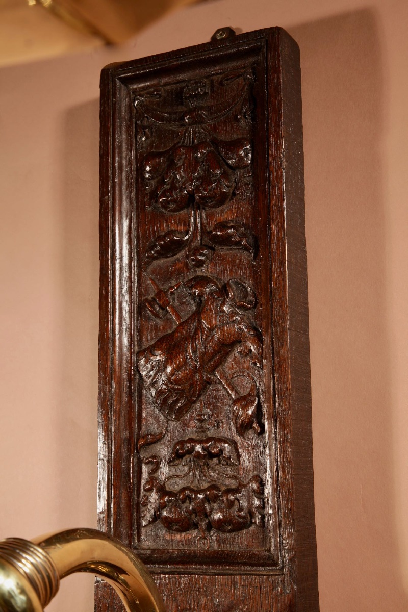  A Rare Impressive, Brass And Oak Wall Hanging Pricket Candle Holder.-photo-3