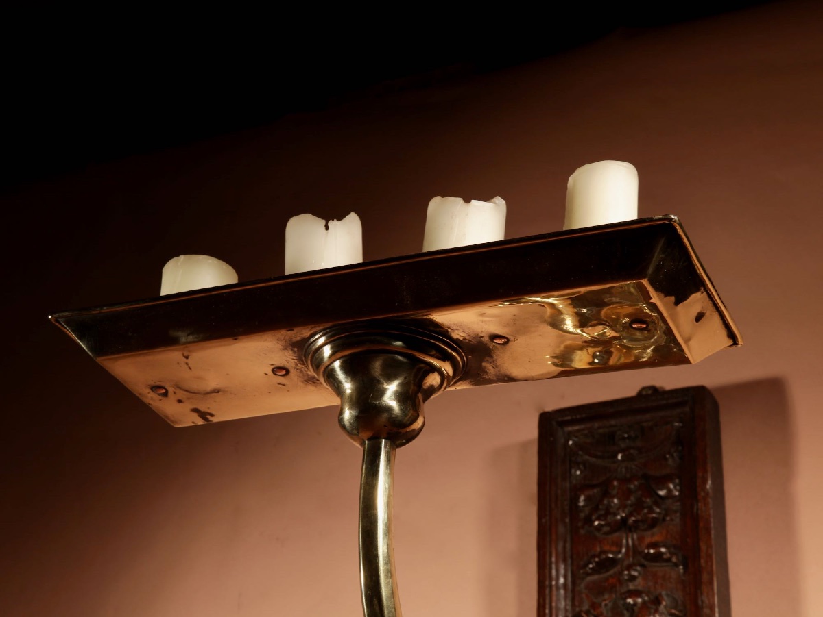  A Rare Impressive, Brass And Oak Wall Hanging Pricket Candle Holder.-photo-4