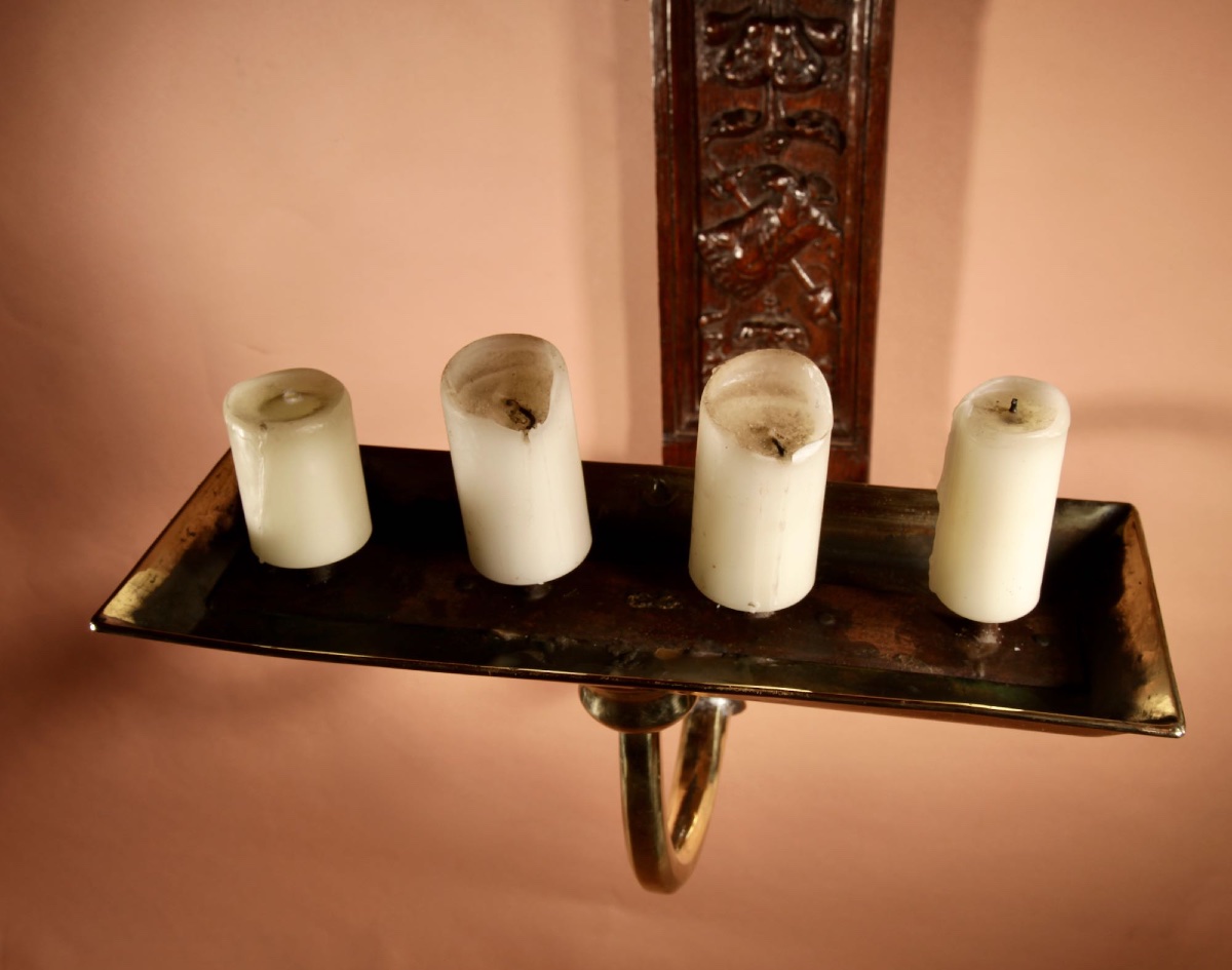  A Rare Impressive, Brass And Oak Wall Hanging Pricket Candle Holder.-photo-5