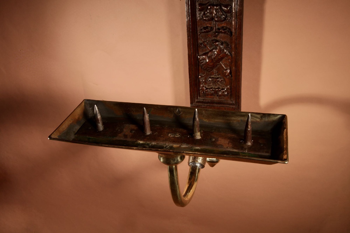  A Rare Impressive, Brass And Oak Wall Hanging Pricket Candle Holder.-photo-6