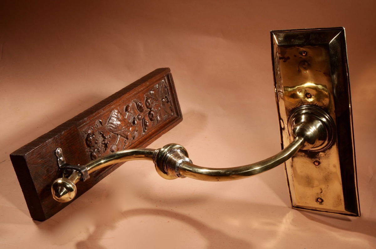  A Rare Impressive, Brass And Oak Wall Hanging Pricket Candle Holder.-photo-7