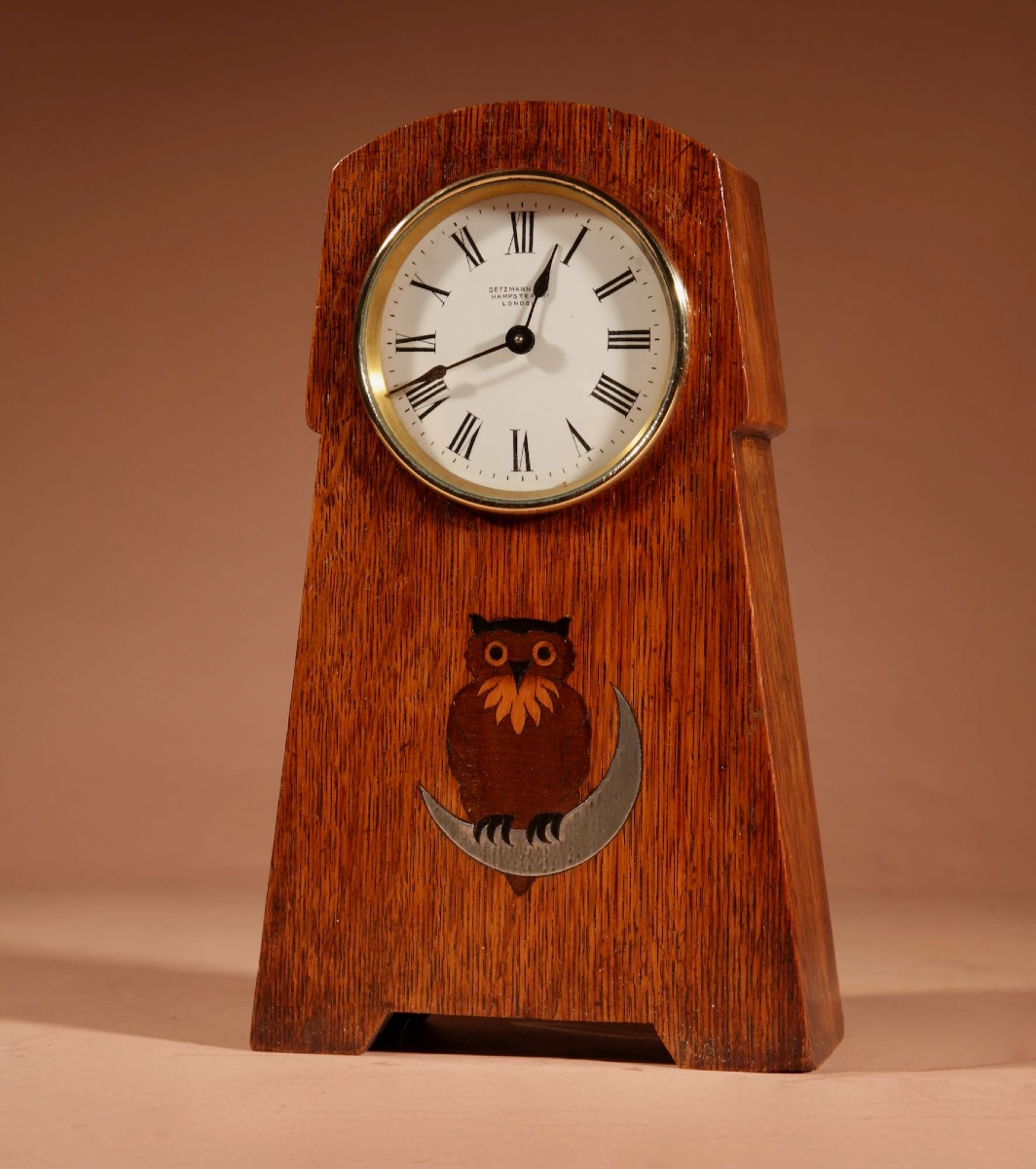 Oetzmann & Co Arts And Craft Signed Very Decorative Owl Inlaid Oak Mantel Clock Circa 1900. 