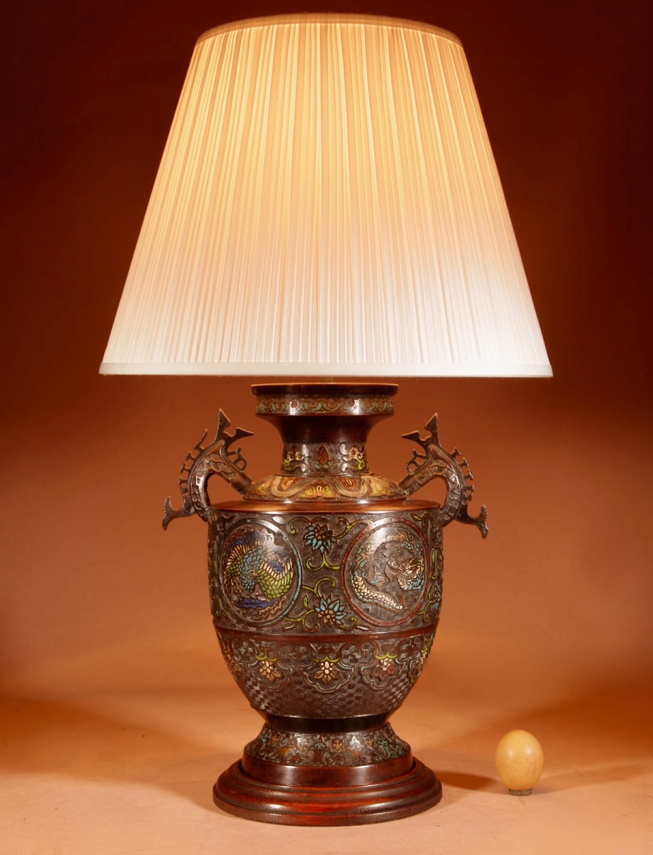 A Large Impressive Champlevé Japanese Bronze Table Lamp.-photo-2