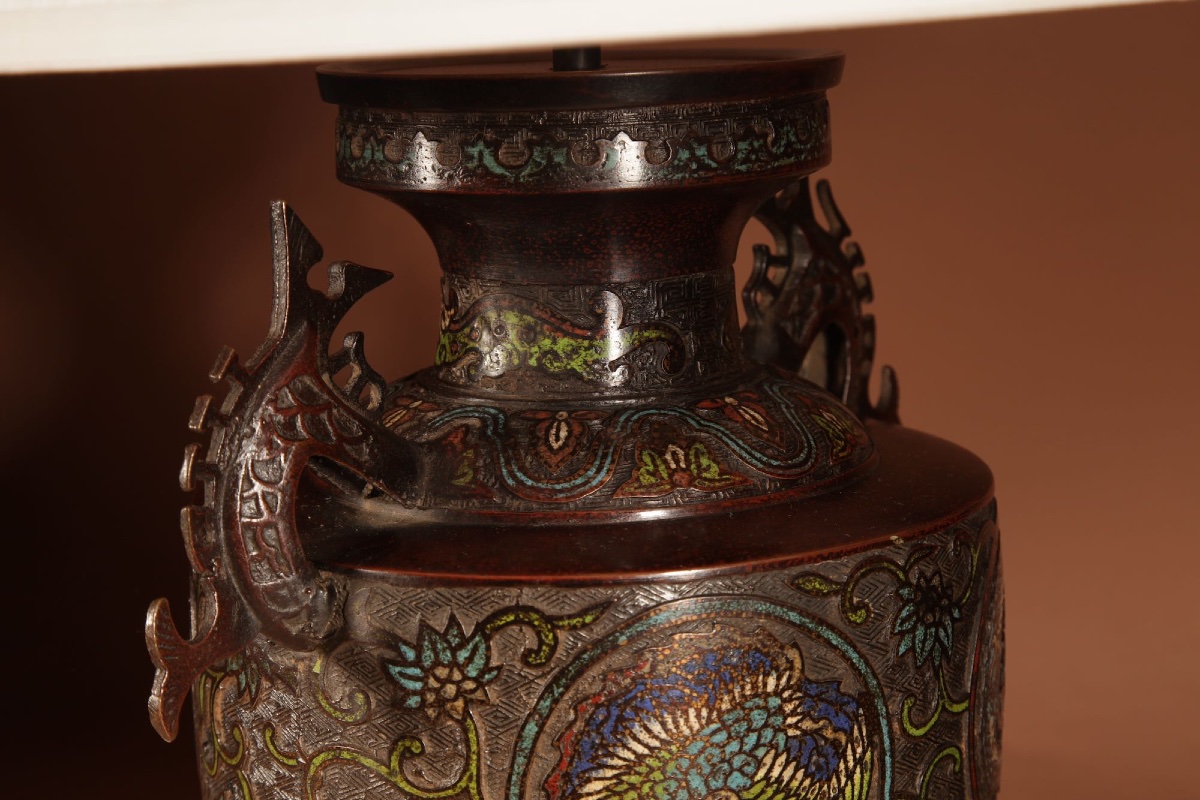 A Large Impressive Champlevé Japanese Bronze Table Lamp.-photo-3