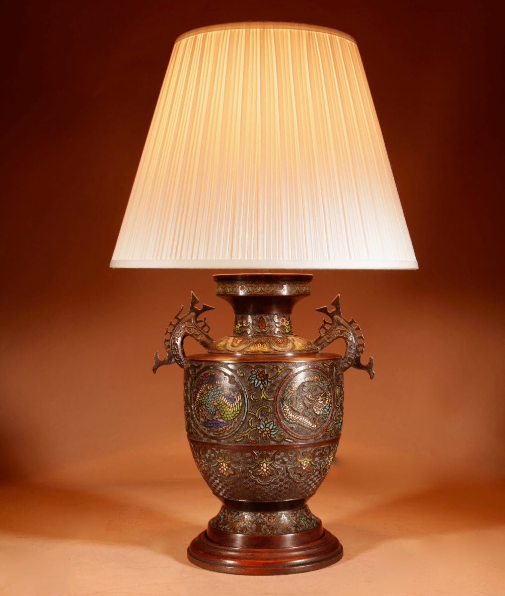A Large Impressive Champlevé Japanese Bronze Table Lamp.