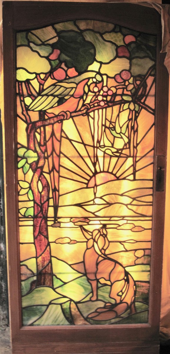 Fenêtre De Porte En Verre Plombé Avec Perroquet Et Renard De Style Tiffany