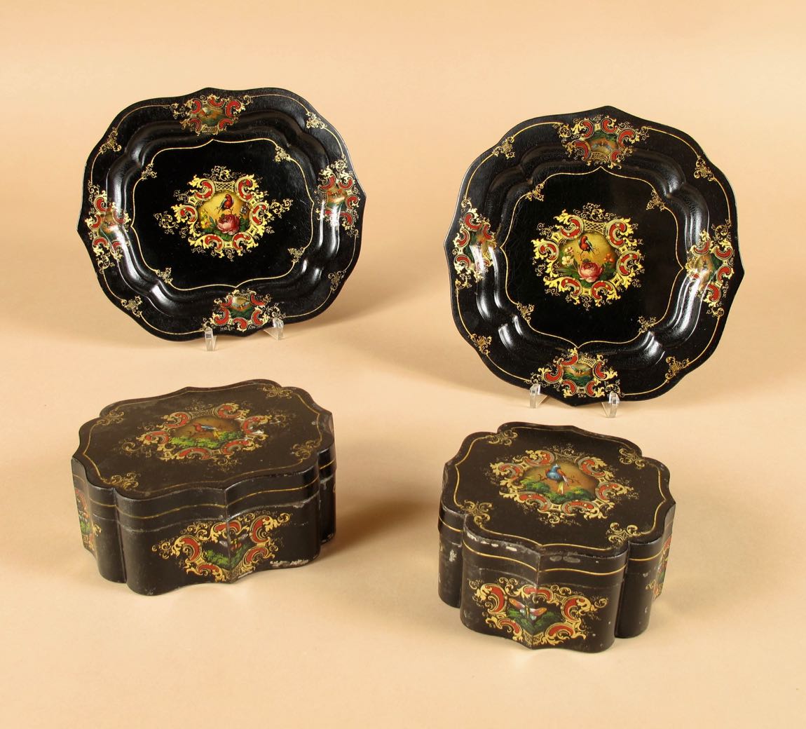 A Complete Set Of Two Lacquered Boxes With Trays, Toleware, England