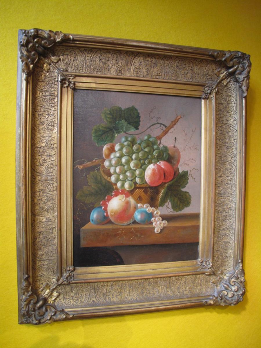 An Original Oil Painting, Canvas, Of A Basket With Fruit, Signed: J.c.de Bruyn