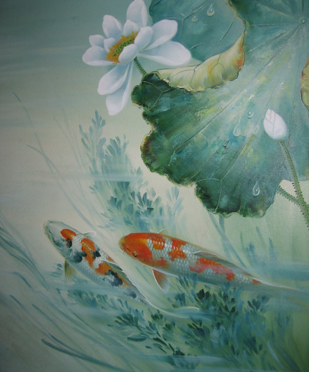 Oriental Koi Fish Carp Oil Painting Signed Canvas On Board-photo-3