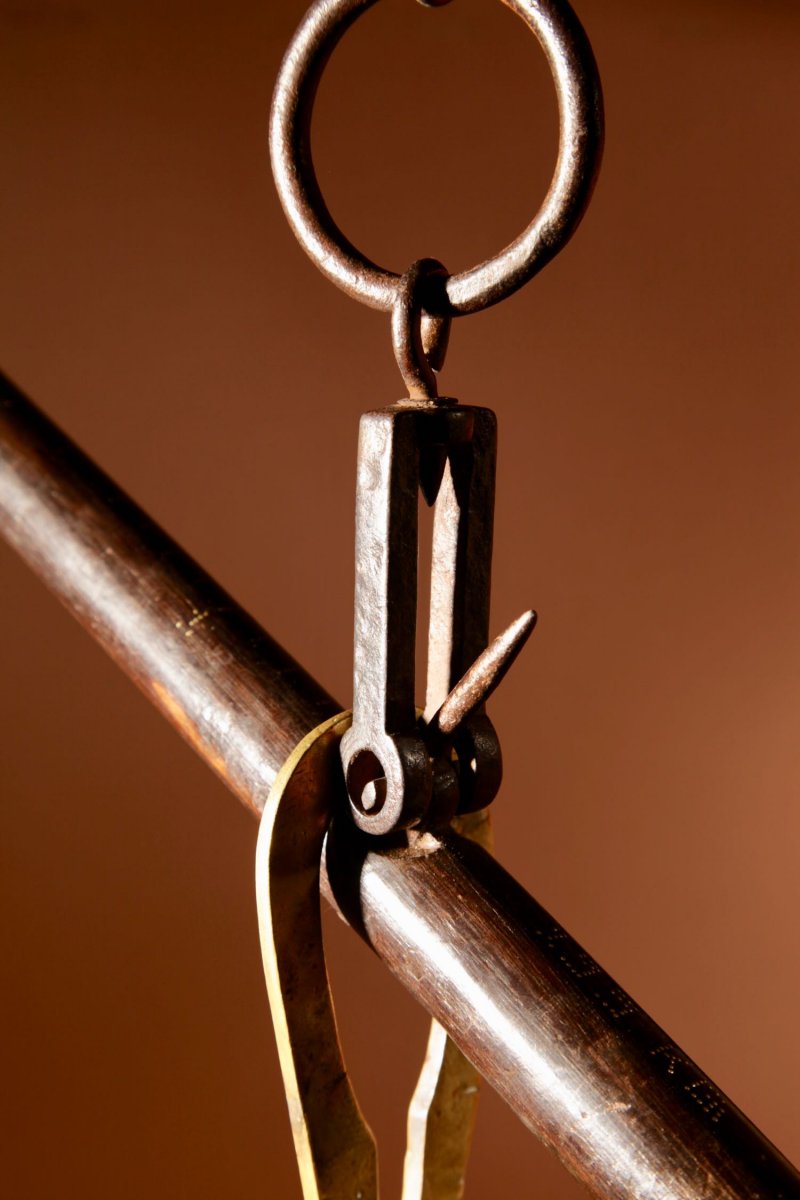 A Very Decorative Hardwood, Wrought Iron And Brass Stick Balance. -photo-4