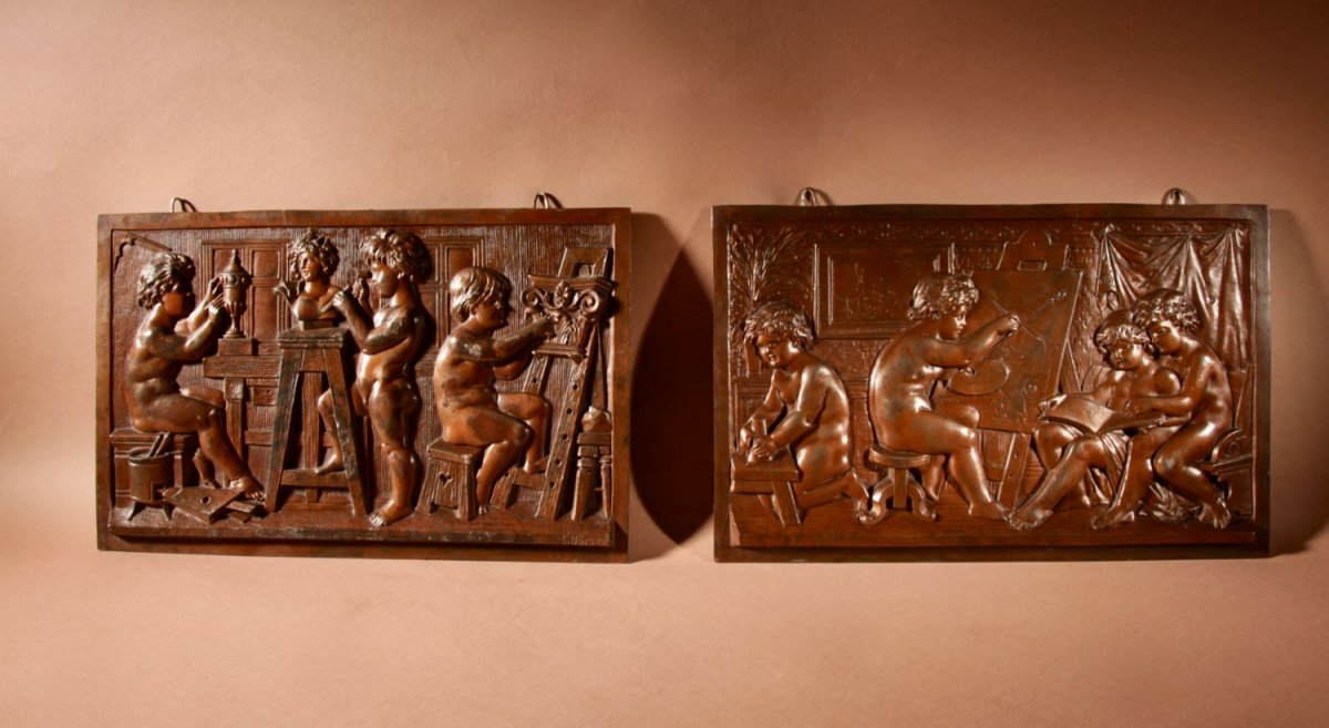 An Original Pair Of Pewter Reliefs Sculpture With The Subject Of A Painters And Sculptor Studio