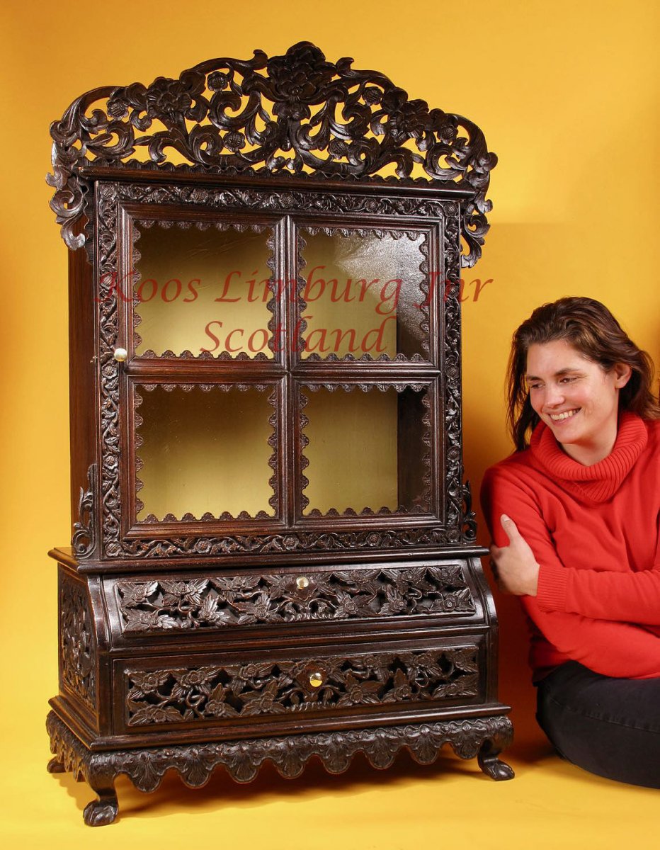  A Rare Carved Hardwood Miniature Anglo Indian Display Cabinet 19th Century -photo-8