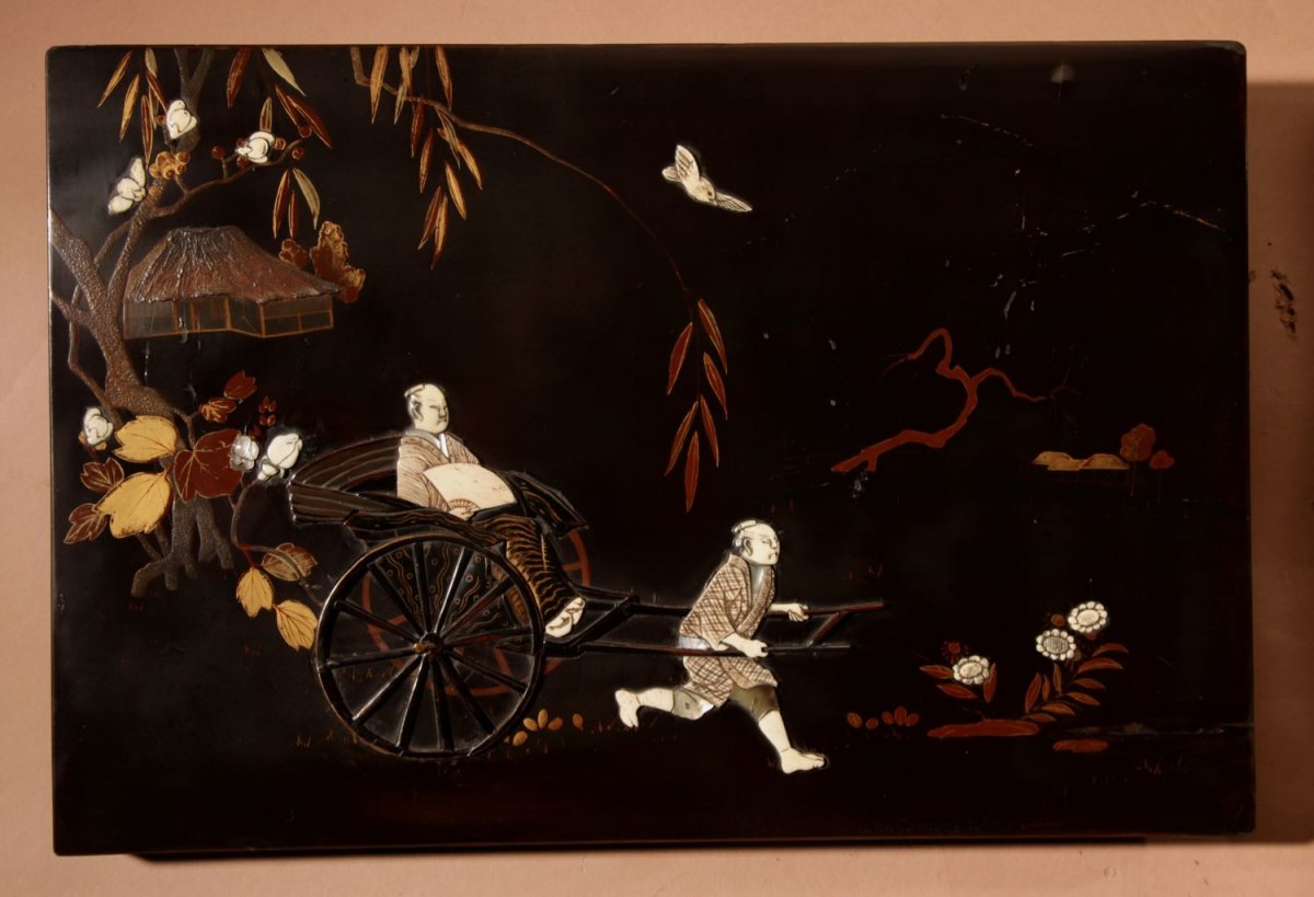 A Real Pair Of Japanese Inlaid Lacquered Panels Meiji Period 1868-1912-photo-2