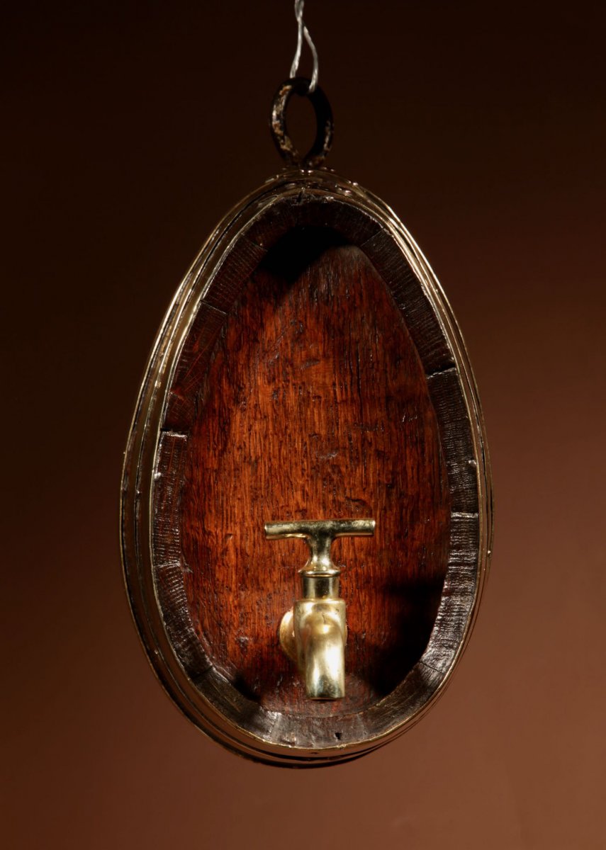  A Very Rare And Beautiful Coopered Oak And Brass Small Hanging Barrel.-photo-8