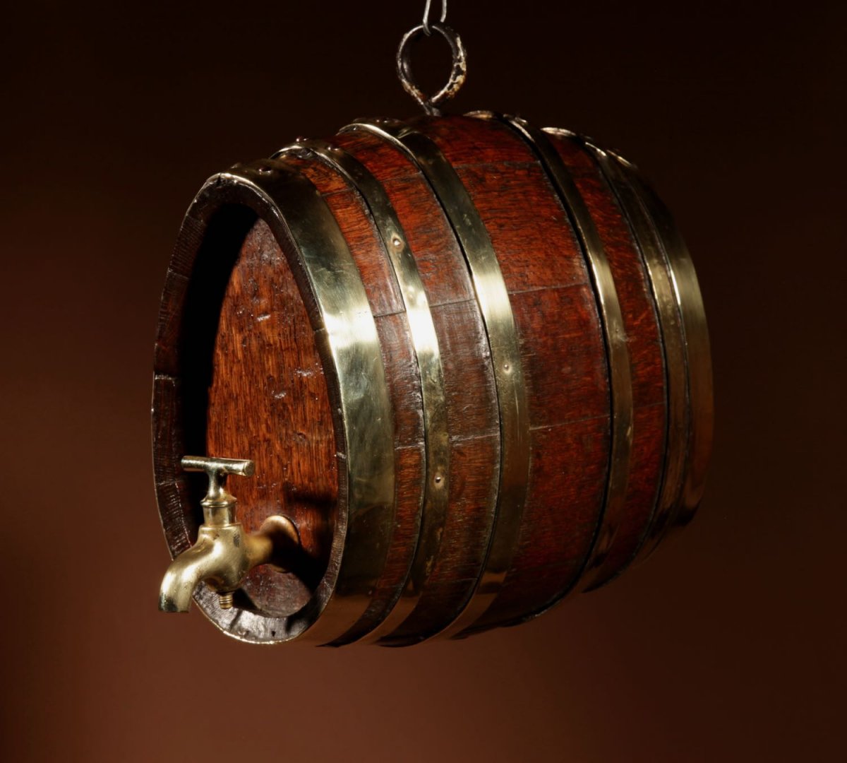  A Very Rare And Beautiful Coopered Oak And Brass Small Hanging Barrel.