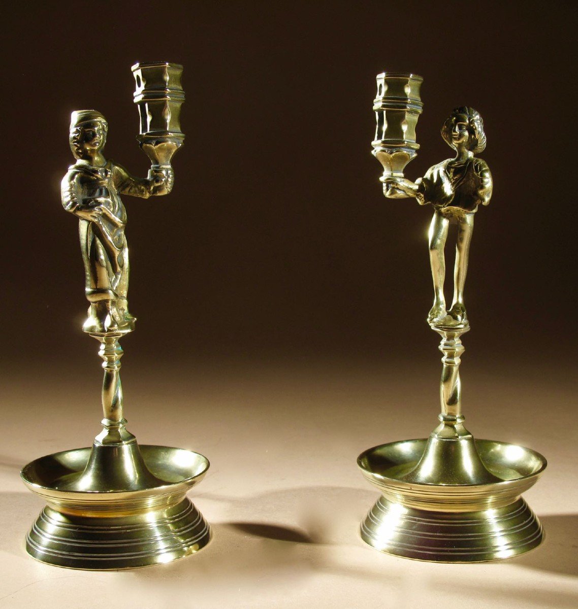 Rare Pair And Very Decorative Neo-gothic Brass Candlesticks.