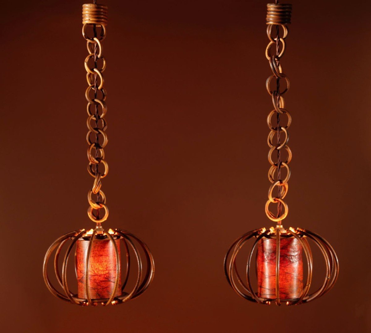 A Pair Of 1960s Very Decorative Rattan Hanging Lights.