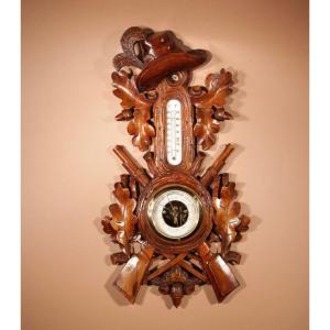 Black Forest Golden Walnut Very Fine Carved Aneroid Barometer Circa 1890.