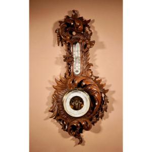 Black Forest Walnut Rocaile Very Fine Carved Aneroid Barometer Circa 1890.
