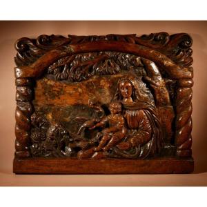 Mary And Baby Jesus Feeding Birds. Large Walnut Relief Carving.
