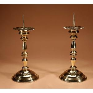 A Pair Of Brass Pricket Candle Sticks, 18th Century.