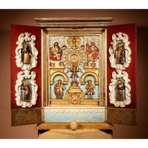 Spanish Folk Art Polychromed Home Altar. Circa 1900.