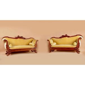 An Exceptional Pair Of Small French/italian Mahogany Sofas.