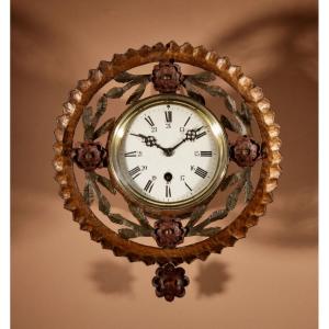 Polychrome Wrought Iron And Brass Amusing Wall Clock