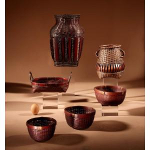Oriental Woven Bamboo Collection Of Different Baskets. 