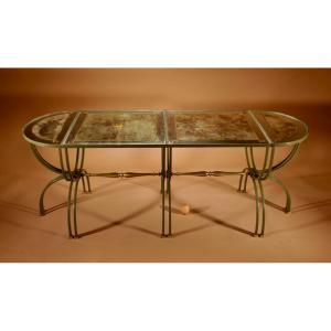 Exceptional Four Parts Art Deco Wrought Iron, Brass And Original Glass French Coffee Table.