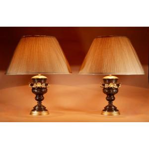  Beautiful Pair Of Original Table Lamps In Patinated Metal Circa 1900.
