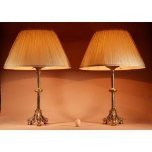 A Pair Of Impressive Fine Cast Brass Table Lamps, In The Primit Gothic Style