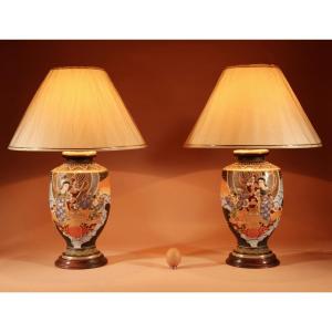 Impressive Large Very Decorative Real Pair (facing Each Other) Japanese Satsuma Table Lamps.