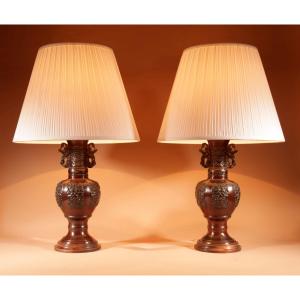 A Large Pair Of Very Fine Japanese Bronze Table Lamps, Meiji (1868-1912)