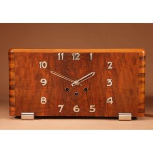 Art Deco French Very Stylish Walnut And Chrome Westminster Mantel Clock.