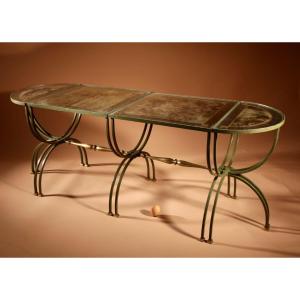 Exceptional Four Parts Art Deco Wrought Iron, Brass And Original Glass French Coffee Table.