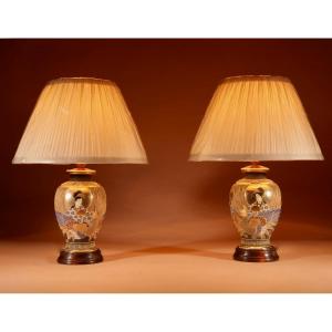 A Pair Of Elegant Small Real Pair Of Japanese Satsuma Table Lamps.