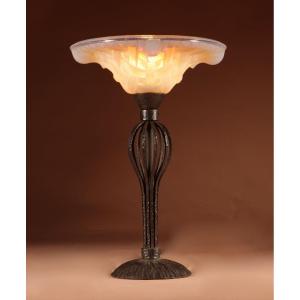 French Art Deco Lacroix/ Lalique Very Interesting Opalescent Glass And Wrought Iron Table Lamp