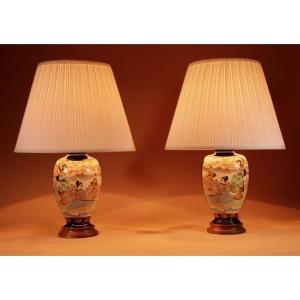 Very Decorative Real Pair Of Japanese Satsuma Table Lamps.